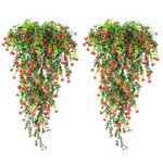 Leixi 4Pcs Artificial Hanging Flowers, UV-Resistant Fake Hanging Plants Flower Bouquet for Wall Home Room Garden Yard Patio Wedding Indoor Outdoor Decoration (Red)