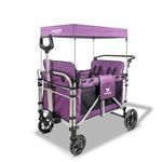 FUXLIFE FX-CTXL900 Premium XL Folding Wagon for 4 Kids with Raised Double Seats, 5-Point Safety Belts & Sun Canopy – Foldable Handcart with Solid Rubber Tyres – Purple