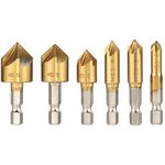 Heyu-Lotus 6 Pcs Countersink Drill Bits Set, High Speed Steel Counter Sinker Drill Bits 5 Flute 90 Degree Titanium Coated Center Punch Tool Quick Change Bit 6mm-19mm for Wood