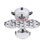 Expresso Stainless Steel Gas Stove Base Standard Idly Cooker Patra w/Copper Bottom (3 Plates / 21 Idlis, 1 Steamer)