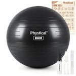 PhysKcal Gym Ball 65cm Black Exercise Swiss Ball for Fitness Yoga Pilates Pregnancy, Anti Burst Ball Chair for Balance, Stability, Quick Pump Included