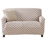 Printed Twill Love Seat Slipcover. One Piece Stretch Loveseat Cover. Strapless Love Seat Cover for Living Room. Fallon Collection Slipcover. (Love Seat, Beige)