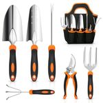 HASTHIP® Gardening Tools Set of 7Pcs Heavy Duty Stainless Steel Garden Planting Tools Home Gardening Tool Set with Pruning Shear, Gardening Fork, Trowel, Shovel, Weeder Tool, Seeding Tool, Tool Bag