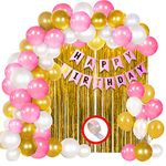 Party Propz Birthday Decoration Kit for Girls - 34Pcs Pink, White Golden Metallic Birthday balloons for Girls Decoration, Golden Foil Curtain