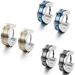 Flongo 6PCS Men's Classic Biker Stainless Steel Engraved Roman Numerals Classic Polished Hoop Hinged Earrings