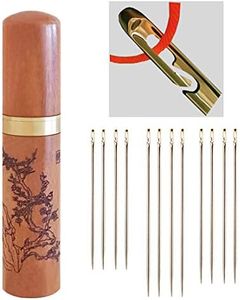 Self-Threading Needles, Needle Threader with Needle case Carving Plum Blossom Pattern, Golden, 12 Pack