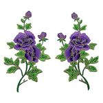 Ximkee 1 Pair Peony Rose Flowers Buds on Vines with Gold Trimming Embroidered Appliques Sew Iron on Patches (Purple)