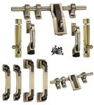 Shiv Sarika India Galaxy Zinc Alloy Heavy Double Door Fitting Accessories Full Set/Kit for Main Door (1 Aldrop, 1 Latch, 4 Handles, 2 Tower Bolt and 2 Door Stopper) (12 Inch,Antique Brass)