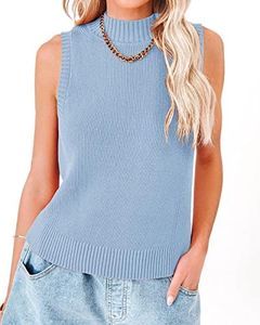 Rilista Womens Summer Knit Tank Tops Turtleneck Cami Shirts Sleeveless Knitted Pullover Sweater Vests Sky Blue