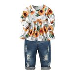 Toddler Infant Baby Girls Clothes Outfits Floral Long Sleeve Pullover Top Pant Jeans 2Pcs Set Sunflower 4-5T