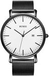 BUREI Men's Fashion Minimalist Wrist Watch Analog Date with Stainless Steel Mesh Band (White Black)