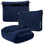 PAVILIA Fleece Travel Blanket Pillow | Large Portable Airplane Blanket with Luggage Strap | 2-in-1 Foldable Blanket for Travel, Use as Blanket for Car, Flight, Work, Camping (Navy Blue)