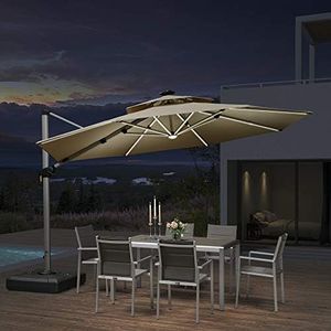 PURPLE LEAF 12ft Solar powered LED Patio Umbrella Outdoor Round Umbrella Large Cantilever Umbrella with LED lights Windproof Offset Umbrella Heavy Duty Sun Umbrella for Garden Deck Pool Patio, Beige
