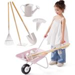 ROBOTIME Kids Metal Wheelbarrow & Planting Tools, 5PC Large Gardening Set with Adjustable Pine Handle, Outdoor Backyard Playset with Watering Can, Rake, Shovel, for Boys & Girls Ages 3+ (Pink White)