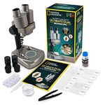 NATIONAL GEOGRAPHIC Dual LED Student Microscope – 50+ pc Science Kit Includes Set of 10 Prepared Biological & 10 Blank Slides, Lab Shrimp Experiment, 10x-25x Optical Glass Lenses and More! (Silver)