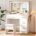 LIVELYGLOW Dressing Table with Smart LED Mirror & Power Outlet, 90cm White Makeup Vanity Desk Set with 4 Drawers, Hairdryer Holder & Cushioned Stool, Modern Space-Saving Bedroom Set