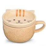 Cute Ceramic Cat Coffee Mug with Lid,Kawaii Coffee Mugs or Tea Cups for Cat Lovers,Funny Novelty Cat Breakfast Mugs for Women Wife Mum Girls Boys Friends Kids Christmas Birthday Gift,300ML（Yellow）