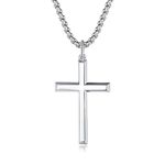 FANCIME White Gold Plated 925 Solid Sterling Silver High Polished Plain Mens Crucifix Pendant Fine Jewellery for Mens Boys, with Stainless Steel Box Chain Necklace Length 24 Inch