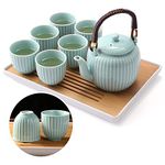 Dujust Japanese Tea Set, Cyan-Blue Porcelain Tea Set with 1 Teapot Set, 6 Tea Cups, 1 Tea Tray, 1 Stainless Infuser, Asian Tea Set for Tea Lover/Women/Men (Bamboo Inspiration - Straight Grain Design)