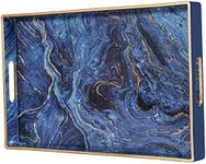 Zosenley Decorative Tray, Marbling Plastic Tray with Handles, Rectangular Vanity Tray and Serving Tray for Bathroom, Kitchen, Ottoman and Coffee table, 15.6” x 10.2”, Blue