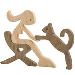 Enkrio Wooden Cat Figurines Hand Carved Wood Cat Human Sculpture Statue Handmade Accents Crafts Wooden Adorn Standing Tabletop Decoration Ornament for Home Decor