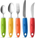 Adaptive Utensils (5-Piece Kitchen Set) Wide, Non-Weighted, Non-Slip Handles for Hand Tremors, Arthritis, Parkinson’s or Elderly Use - Stainless Steel Knife, Rocker Knife, Fork, Spoons - Multicolor