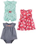 Simple Joys by Carter's Baby Girls' 3-Pack Romper, Sunsuit and Dress, Mint Green Cherry/Navy Stripes/Pink Floral, 6-9 Months (Pack of 3)