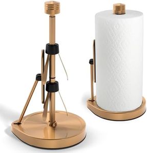 Stainless Steel Tension Arm Paper Towel Holder - Easy One-Handed Operation - This Sturdy Weighted Paper Towel Dispenser Countertop Model Has Suction Cups and Holds All Paper Towel Rolls (Gold)
