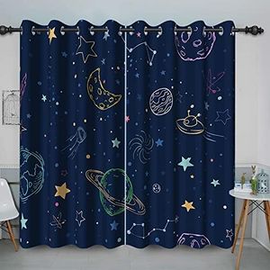 Baocicco Navy Blue Space Curtains for Boys Room Cartoon Stars Planets Theme Galaxy Curtains for Kids Bedroom Outer Space Drapes with Grommet Nursery Space Decor Curtain 2 Panels 53x96 Inch