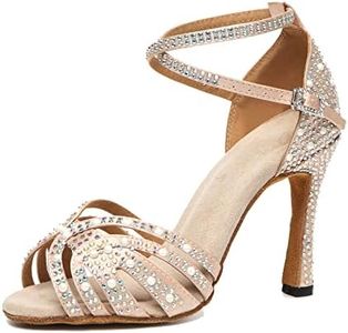 Minishion Comfortable High Heel Dance Shoes for Women Pearl Beaded Wedding Sandals L506 Nude US 9.5