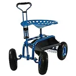 Sunnydaze Garden Cart Rolling Scooter with Extendable Steering Handle -Swivel Seat and Utility Basket - Blue
