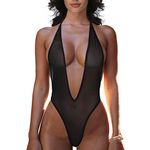 SHERRYLO Sheer One Piece Thong Swimsuit for Women Sexy Plunging See Thru Monokini High Cut Bodysuit Slutty Mesh Lingerie, Black, Large-X-Large