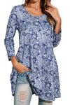 Enmain Womens Tunic Tops 3/4 Sleeve Blue Floral Printed Blouses Shirts Ladies Pluse Size Top Causal Longline T Shirt Loose Stretch Round Neck XL