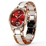 OLEVS Automatic Watch for Women Big Face White Ceramics Bracelet Stainless Steel Strap Watches Self Winding Red Dial Luxury Diamond Women's Wrist Watch Elegant Dress Ladies Analogue Watches