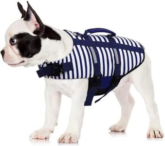 Striped Dog Life Jacket, Ripstop Dog Life Vest Preserver for Boating & Swimming with Rescue Handle, Reflective Puppy Float Coat Pet Swimsuit with Adjustable Straps and Side-Release Buckles (Blue, L)