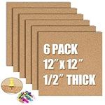 AKTOP Cork Board Bulletin Board 12x12, 1/2" Thick Cork Board Tiles 6 Pack, Small Square Pin Board for Wall, Self Adhesive Corkboards with 60 Push Pin Wood Clips for School, Home & Office