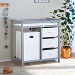 GarveeLife Wooden Baby Changing Table, Modern Diaper Changing Table, Infant Diaper Changing Station Dresser with Laundry Hamper, 3 Drawer Basket and Changing Pad