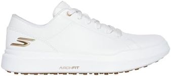 Skechers Golf Women's Drive 6 Arch Leather Relaxed Fit Waterproof Golf Shoe Sneaker, White/Gold, 7