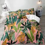 LUVIVIHOME 3PCS Leopard Duvet Cover King Bedding Set, Pink Duvet Cover, Boho Aesthetic Tropical Plant Green Leaves Botanical Safari Jungle Animals Cheetah Leopard Comforter Quilt Cover, 2 Pillow Cases