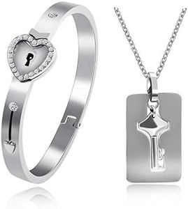 Uloveido Acciaio Inox Heart Lock Bracciale e Chiave Pendente Collana per Uomini e Donne con Cubic Zirconia Y474 (Colore Argento)