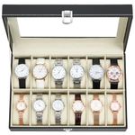 Ohuhu Watch Box Organizer for Men -12 Slot Leather Watch Case with Real Glass Lid Watch Display Case, Watch Organizer Jewelry Storage Box