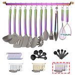 38 Piece Silicone Kitchen Cooking Utensils Set with Utensil Rack, Silicone Head and Stainless Steel Handle Cookware, Kitchen Tools, Non-Stick Kitchen Gadgets, Dishwasher Safe (Rainbow)