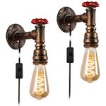 Industrial Set of 2 Wall Lamps with Plug in Cord for Bedroom Bedside Lighting Brass Brush Gold Water Pipe Sconces with Mounted Fixtures E26 Socket with On/Off Switch Farmhouse Decoration