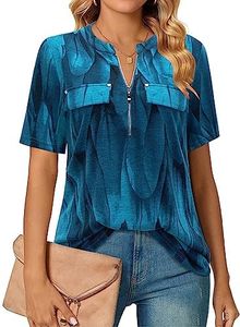 Bulotus Womens Summer Tops and Blouses, Short Sleeve Shirts for Women Business Casual Tops Work Blouses for Office Professional Long Tops to Wear with Leggings, Leaf, Medium