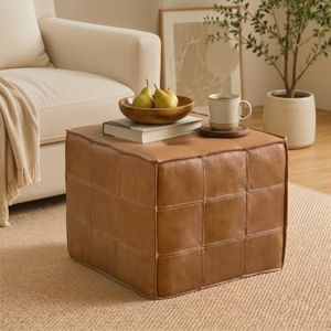 Genuine Leather Square Ottoman,Leather Pouf,Foot Rest for Living Room