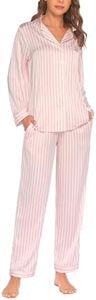 Ekouaer Silk Satin Pajamas Women's Long Sleeve Sleepwear Soft Button Down Pj Set 2 Piece Loungewear S-XXL, Pink Striped