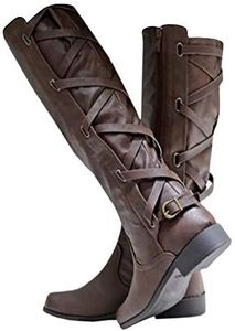 Syktkmx Womens Strappy Motorcycle Knee High Boots Winter Lace Up Riding Flat Low Heel Shoes, Dark Brown, Size 6.5