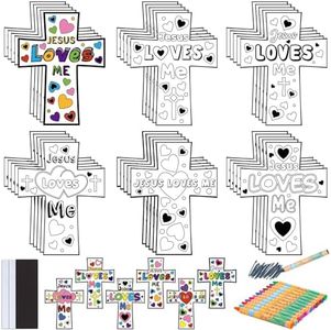 Saysurey 30 Sets Christian Crafts for Kids Cross Sunday School Craft Jesus Loves Me Religious Color Your Own DIY Crafts Ornaments for Sunday Sunday Classroom Party Home Art Activities(Cross)