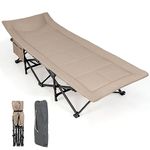 TANGZON Folding Camp Bed for Adults, 27" Extra Wide Padded Camping Cot with Headrest Design & Side Pocket, 180KG Capacity Heavy Duty Sturdy Sleeping Cot Single Person for Travel Beach Office (Khaki)