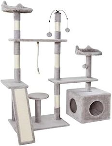 i.Pet 135cm Cat Tree, Cats Scratching Post Multi-Level Tower Pet Scratcher Climbing Trees Posts Indoor Kittens Wooden Play House Kitty Activity Center, with Plush Cover Condo Bed Grey